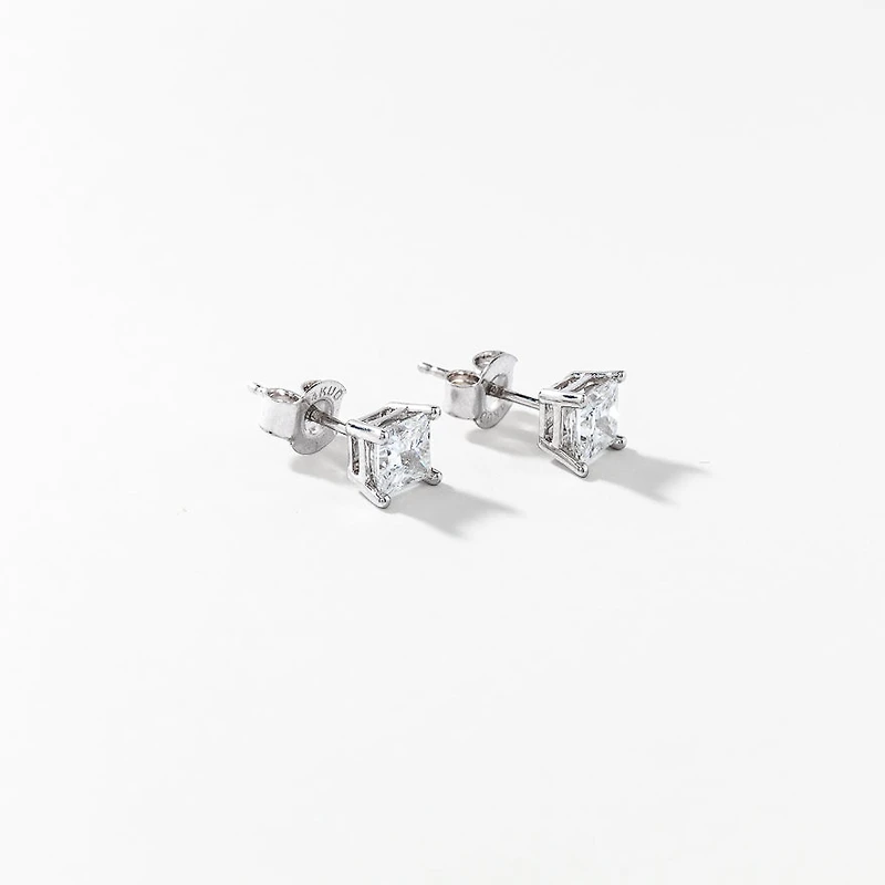 Lab Grown Princess Cut Diamond Stud Earrings in 14K White Gold ( 1.00