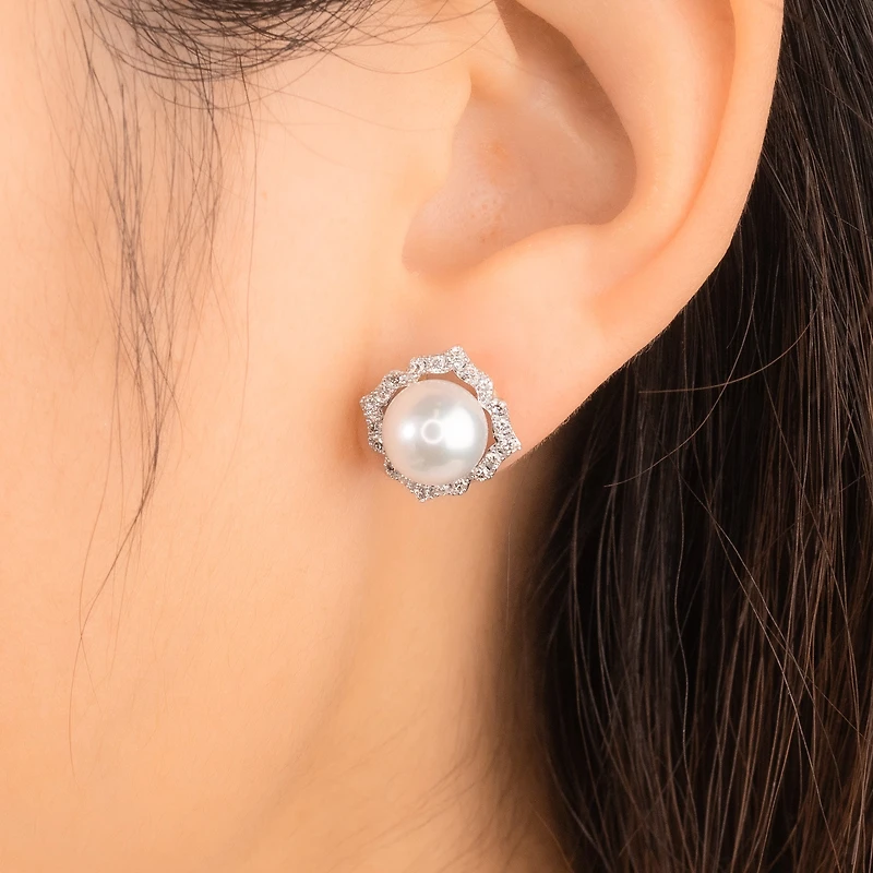 Pearl Earrings with Diamond Accents in 10K Yellow Gold