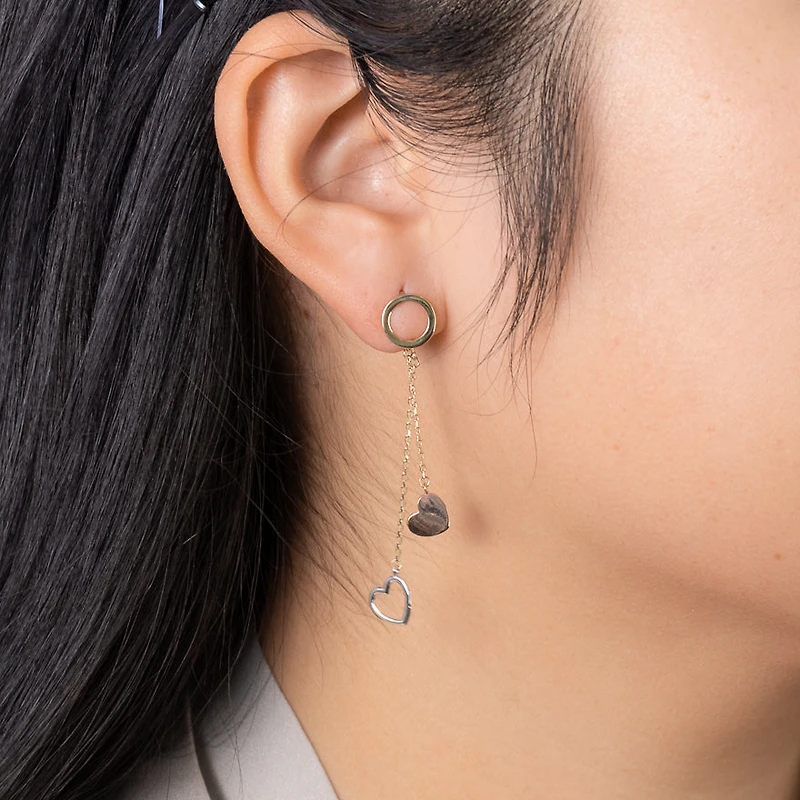 Heart Drop Earrings in 10K Yellow White and Rose Gold