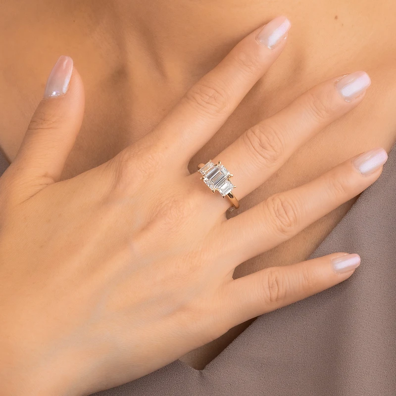 Lab Grown Three Stone Emerald Cut Diamond Engagement Ring 14K Yello