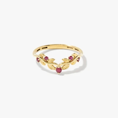Ruby Leaf Motif Ring 10K Yellow Gold