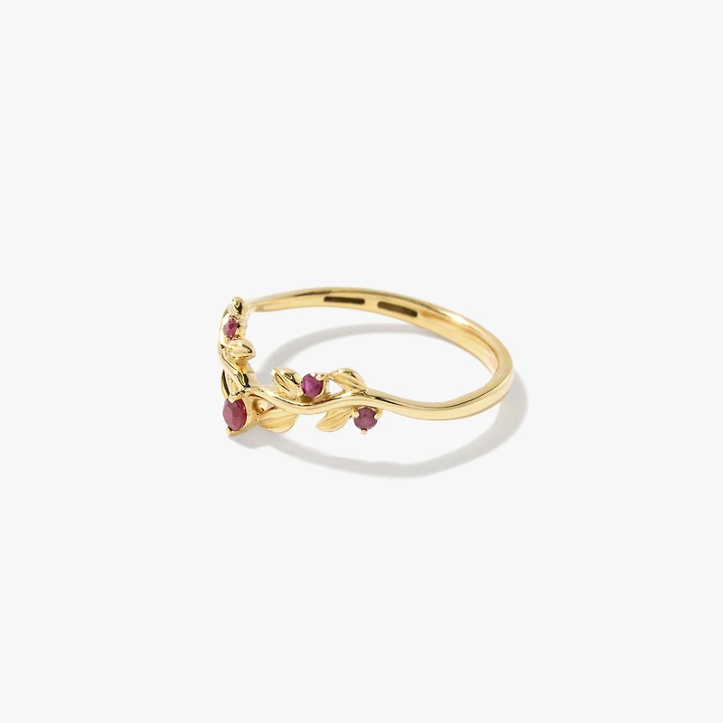 Ruby Leaf Motif Ring 10K Yellow Gold