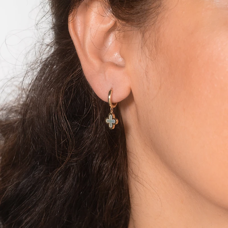 Flower Hoop Earrings With Mother Of Pearl in 10K Yellow Gold