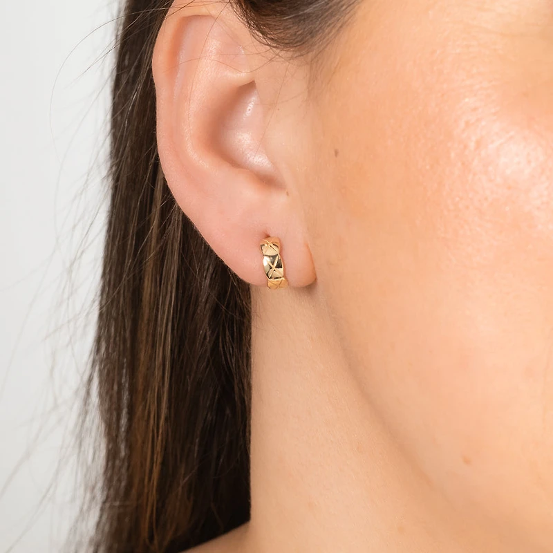 14K Yellow Gold Cross Pattern Huggie Earrings