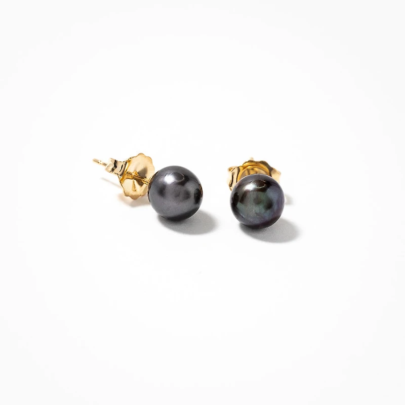 6-6.5mm Black Cultured Pearl Stud Earrings in 14K Yellow Gold