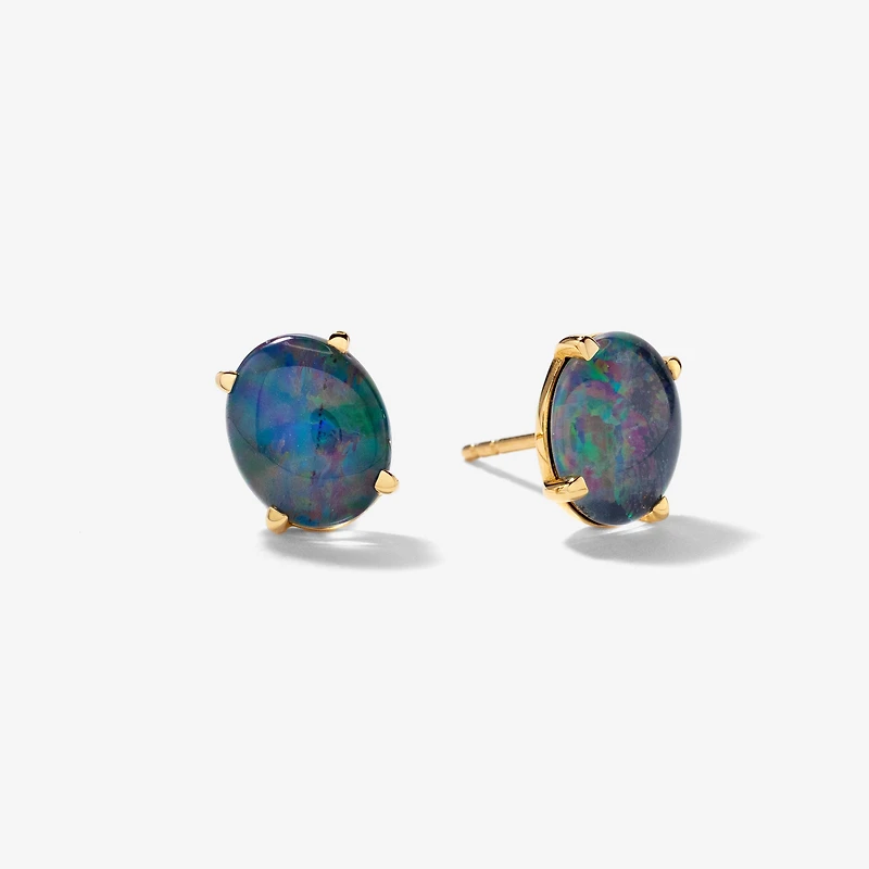 10x8mm Dark Opal Stud Earrings in 10K Yellow Gold