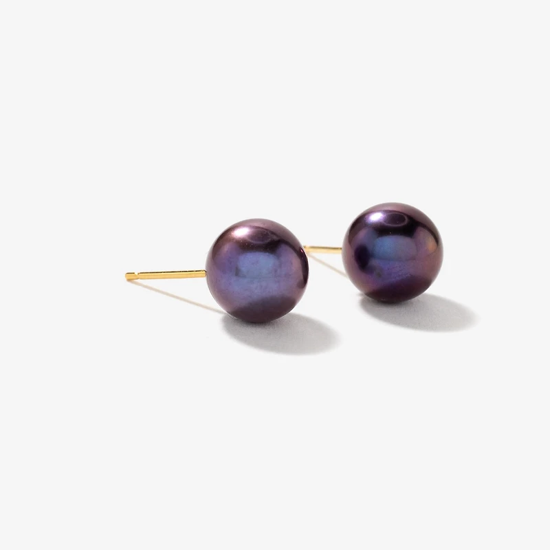 8-8.5mm Black Peacock Pearl Stud Earrings in 14K Yellow Gold