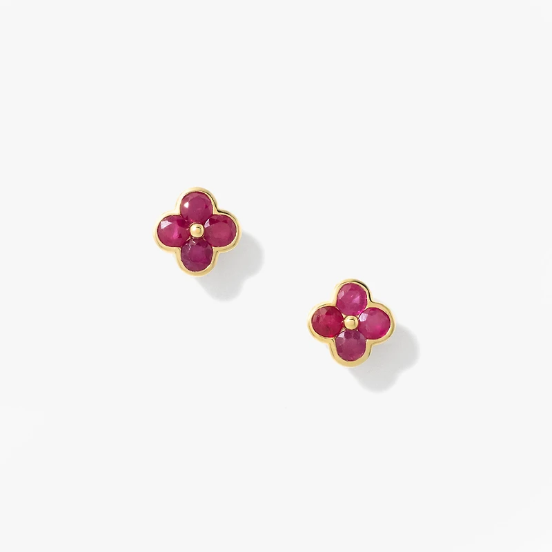 Ruby Flower Stud Earrings in 10K Yellow Gold