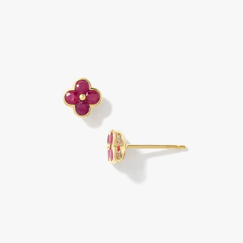 Ruby Flower Stud Earrings in 10K Yellow Gold