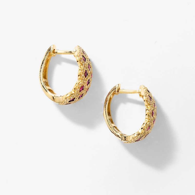 Ruby and Diamond Cluster Earrings in 10K Yellow Gold