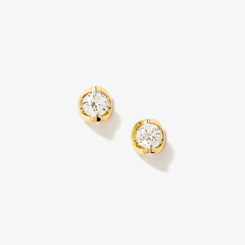 Crescent Set Solitaire Lab Grown Diamond Stud Earrings in 14K Yellow G
