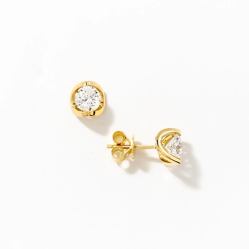 Crescent Set Solitaire Lab Grown Diamond Stud Earrings in 14K Yellow G