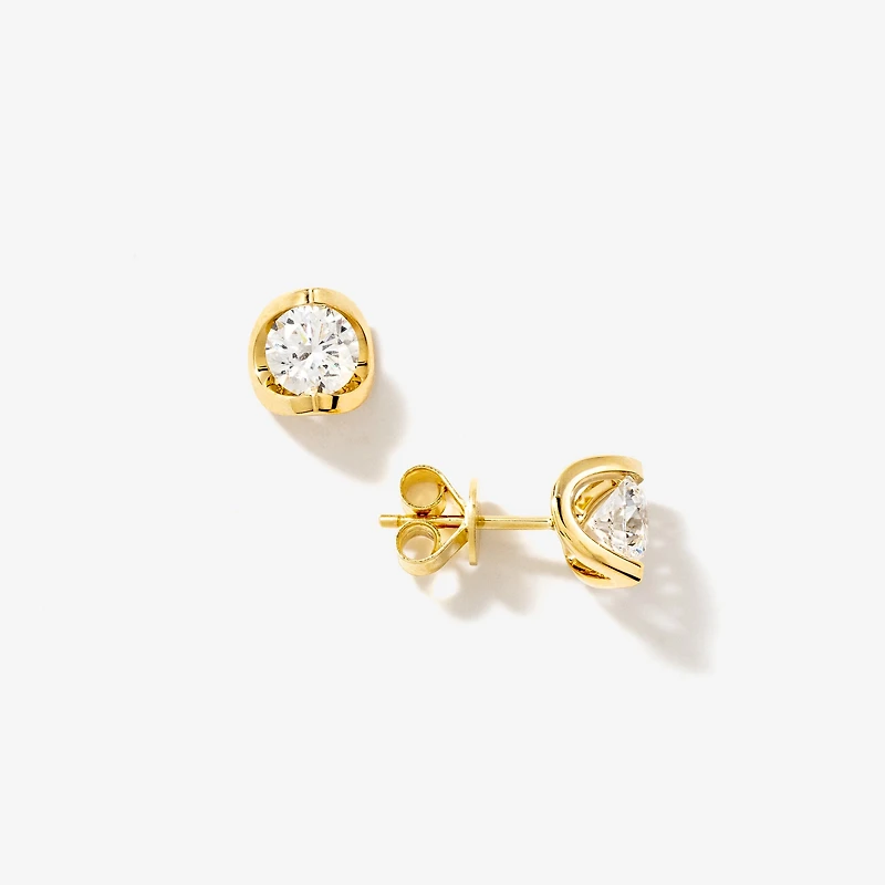 Crescent Set Solitaire Lab Grown Diamond Stud Earrings in 14K Yellow G