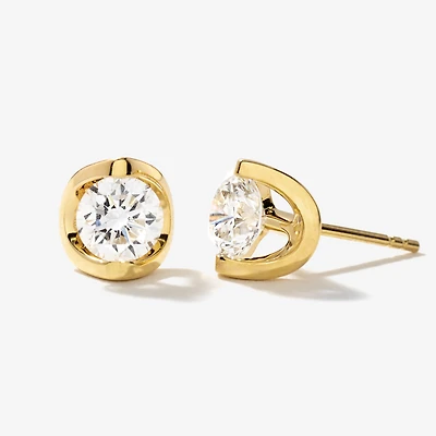 Crescent Set Solitaire Lab Grown Diamond Stud Earrings in 14K Yellow G
