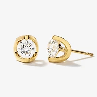 Crescent Set Solitaire Lab Grown Diamond Stud Earrings in 14K Yellow G
