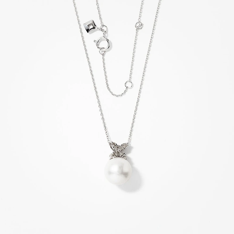 10mm Single Pearl Pendant With Diamond Petal Accents in 10K White Gold