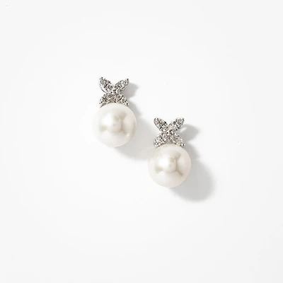 9mm Pearl Earrings with Diamond Petal Accents in 10K White Gold