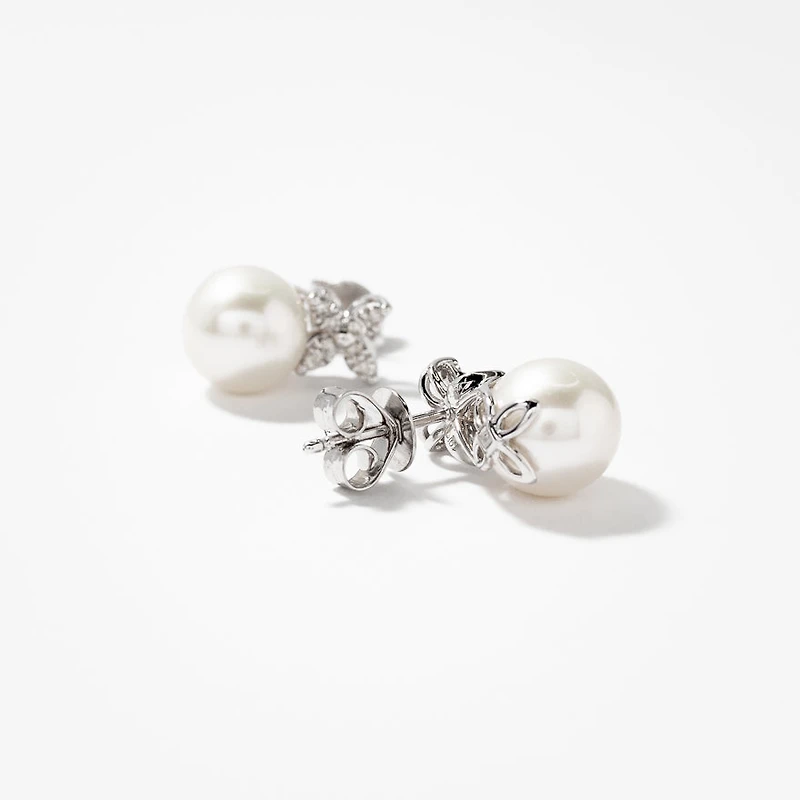 9mm Pearl Earrings with Diamond Petal Accents in 10K White Gold
