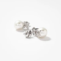 9mm Pearl Earrings with Diamond Petal Accents in 10K White Gold