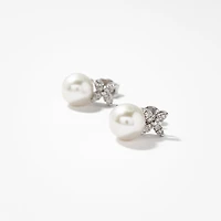 9mm Pearl Earrings with Diamond Petal Accents in 10K White Gold