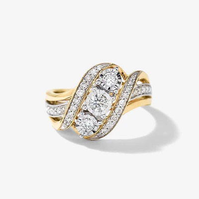Three Stone Fashion Ring With Diamond Accents 10K Yellow and White