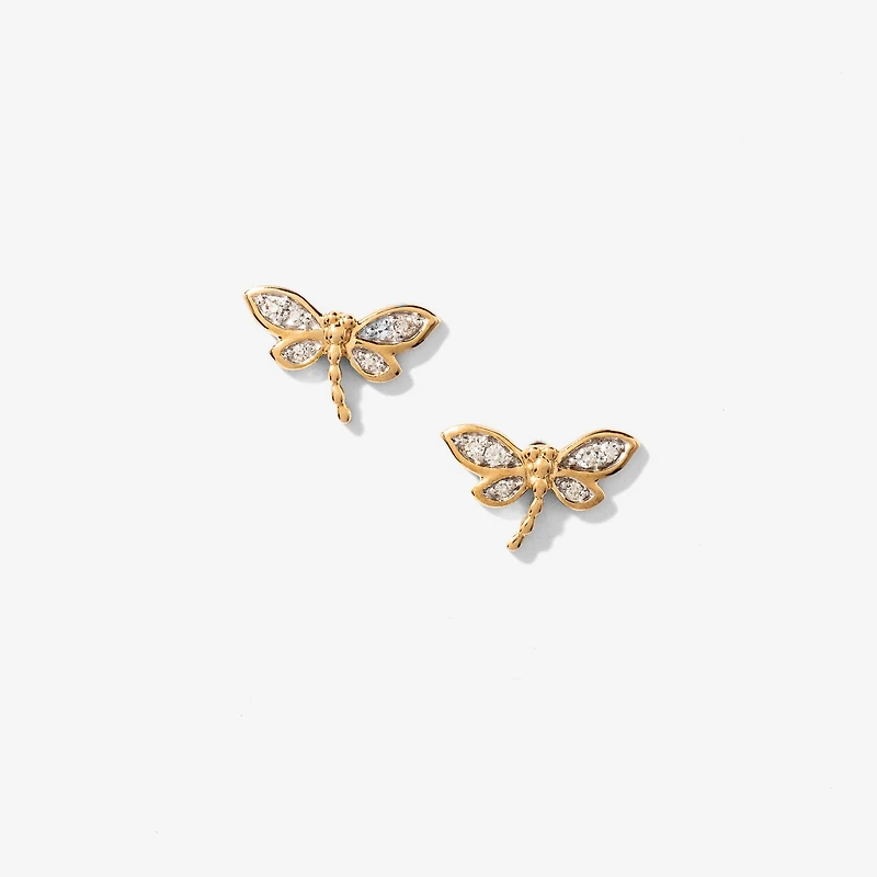 Diamond Dragonfly Earrings in 10K Yellow Gold (0.08 ct tw)