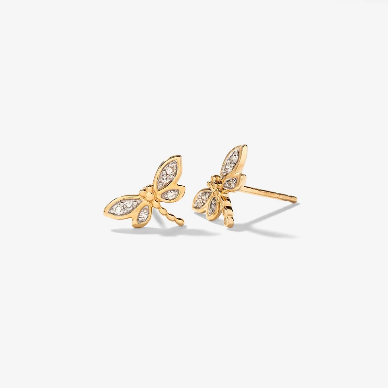 Diamond Dragonfly Earrings in 10K Yellow Gold (0.08 ct tw)