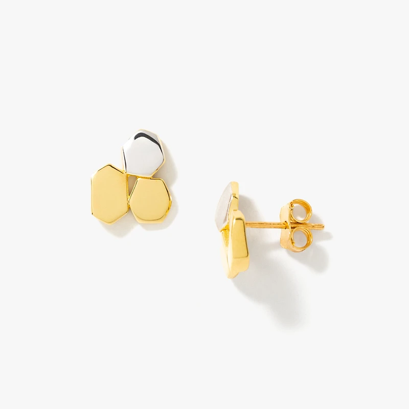 Pebble Stud Earrings in 10K Yellow and White Gold