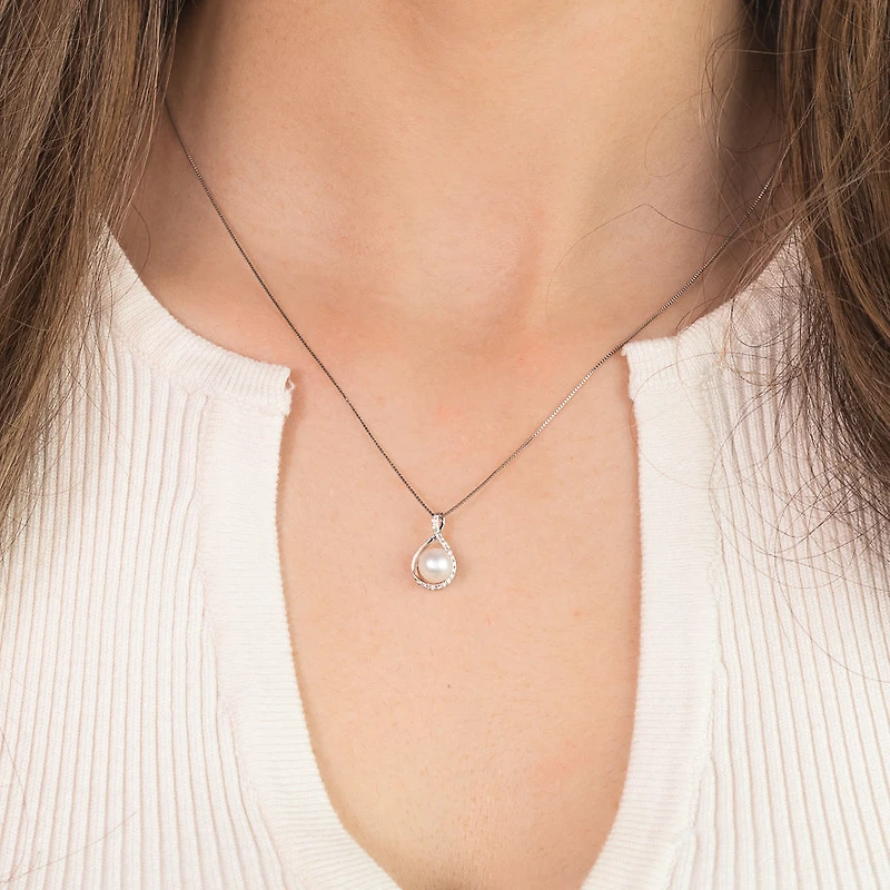 Cultured Pearl Eternity Style Diamond Pendant Necklace in 10K White Go