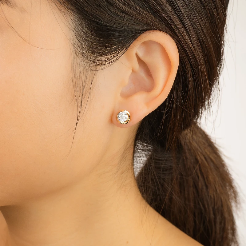 Crescent Set Solitaire Lab Grown Diamond Stud Earrings in 14K Yellow G