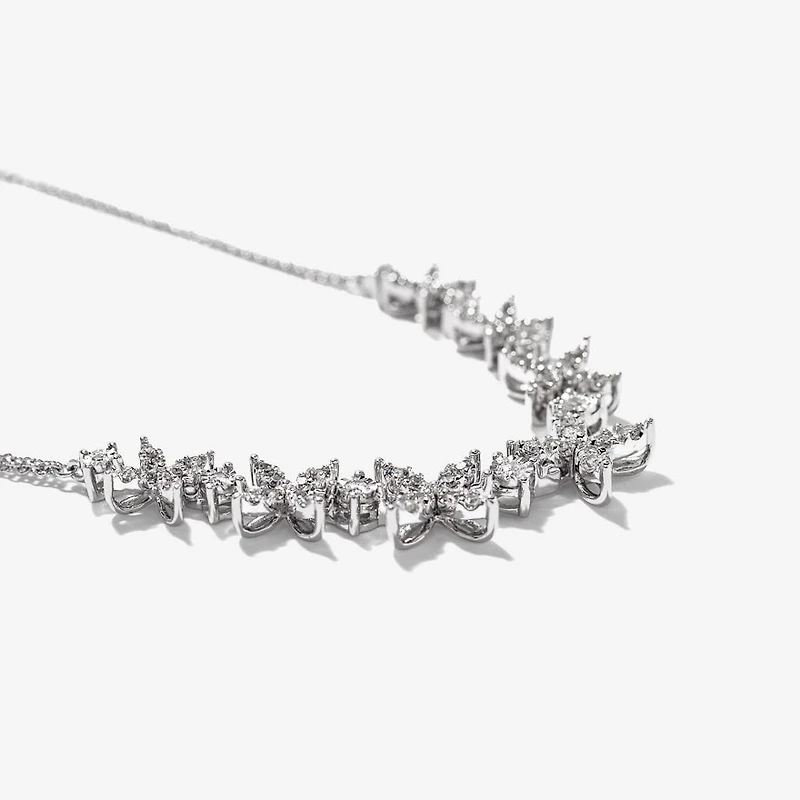 Petal Motif Diamond Cluster Necklace with Double Chain in 10K White Go