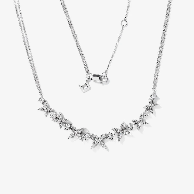Petal Motif Diamond Cluster Necklace with Double Chain in 10K White Go
