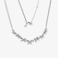 Petal Motif Diamond Cluster Necklace with Double Chain in 10K White Go