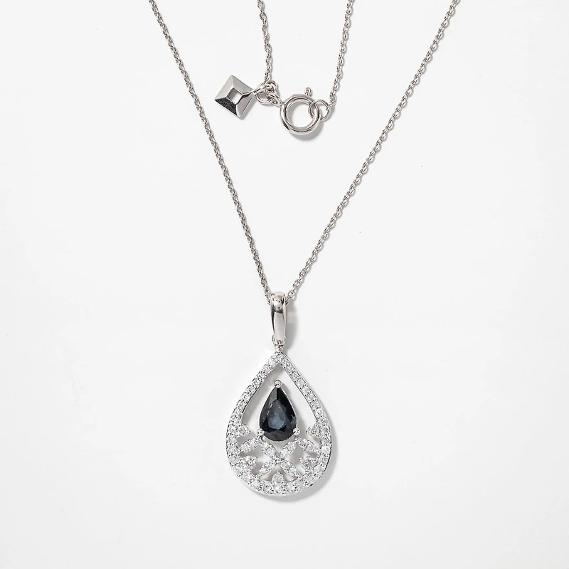 Sapphire Necklace With Diamond Cluster Accent in 10K White Gold