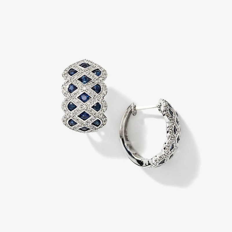 Sapphire and Diamond Cluster Earrings in 10K White Gold