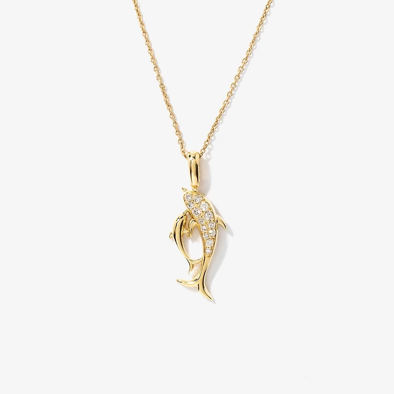 Diamond Dolphin Necklace in 10K Yellow Gold (0.13 ct tw)