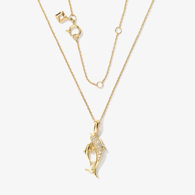 Diamond Dolphin Necklace in 10K Yellow Gold (0.13 ct tw)