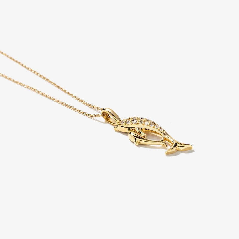 Diamond Dolphin Necklace in 10K Yellow Gold (0.13 ct tw)