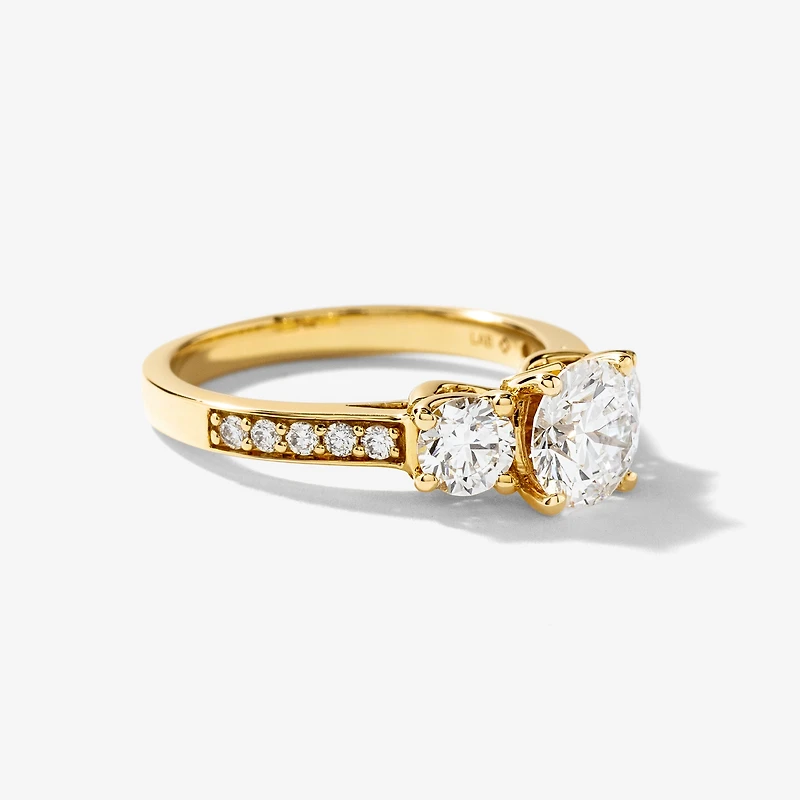 Three Stone Lab Grown Diamond Engagement Ring 14K Yellow Gold (1.88