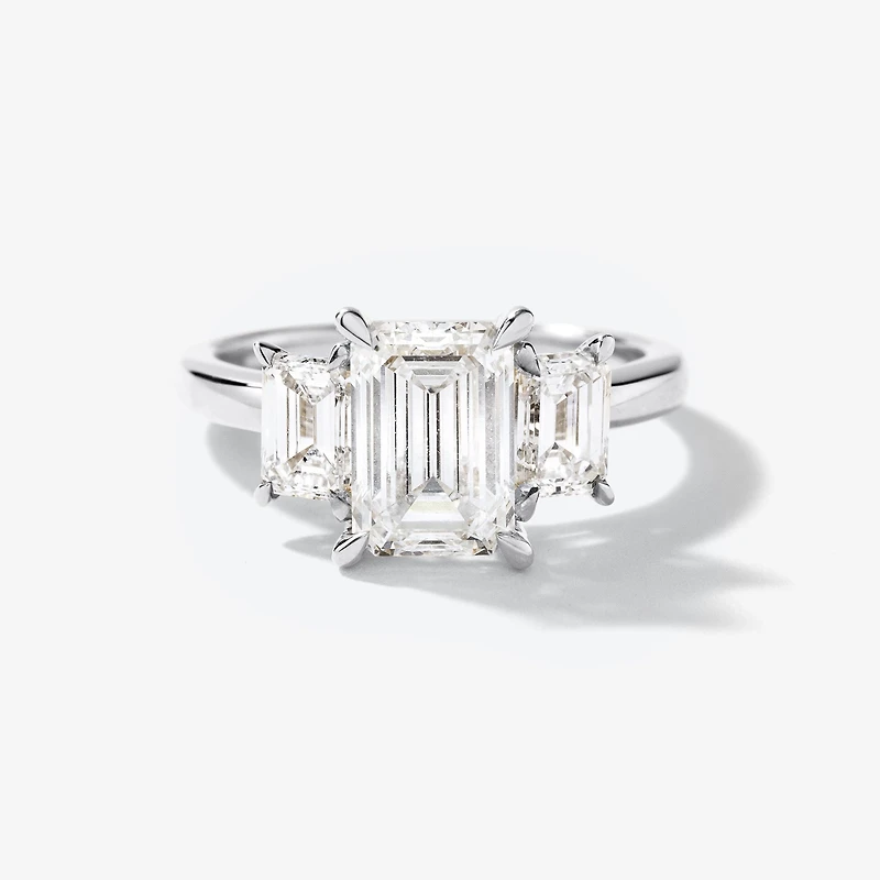 Lab Grown Three Stone Emerald Cut Diamond Engagement Ring 14K White