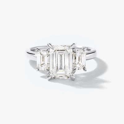 Lab Grown Three Stone Emerald Cut Diamond Engagement Ring 14K White