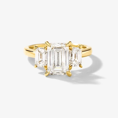 Lab Grown Three Stone Emerald Cut Diamond Engagement Ring 14K Yello
