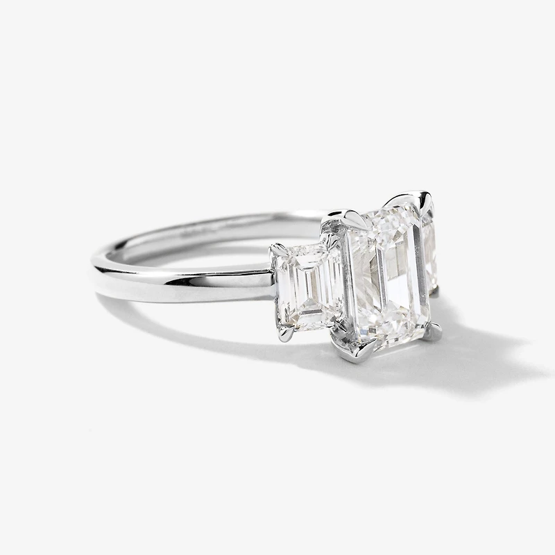 Lab Grown Three Stone Emerald Cut Diamond Engagement Ring 14K White