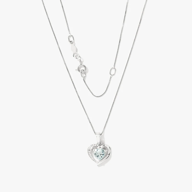 Heart Shaped Aquamarine Diamond Necklace in 10K White Gold