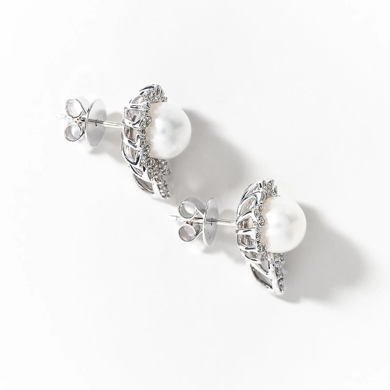 Pearl Earrings with Diamond Accents in 10K White Gold