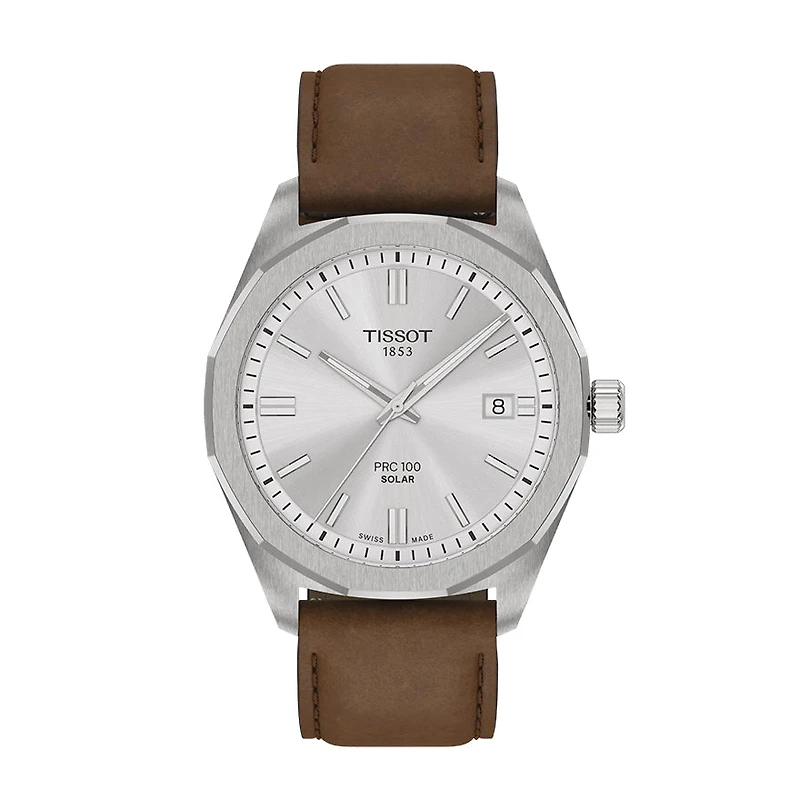 Tissot PRC 100 Solar 39mm Silver Dial Brown Strap Watch | T15142216031