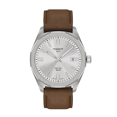 Tissot PRC 100 Solar 39mm Silver Dial Brown Strap Watch | T15142216031