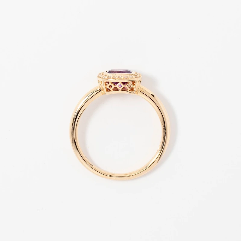 Cushion Cut Amethyst Ring with Diamond Accents 10K Yellow Gold