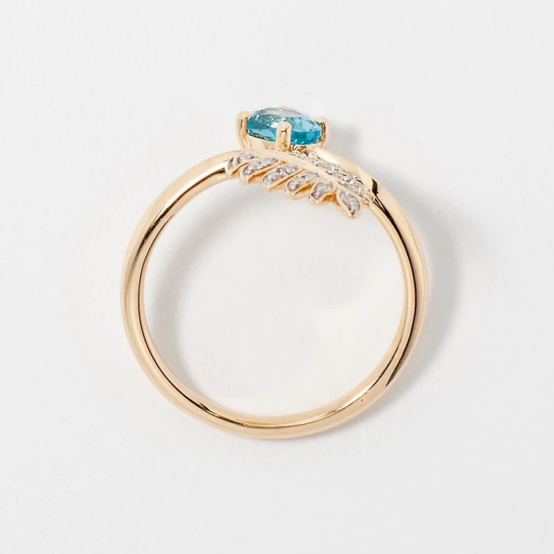 Blue Topaz Ring with Diamond Leaf 10K Yellow Gold