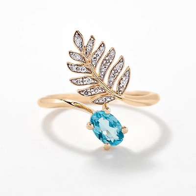 Blue Topaz Ring with Diamond Leaf 10K Yellow Gold